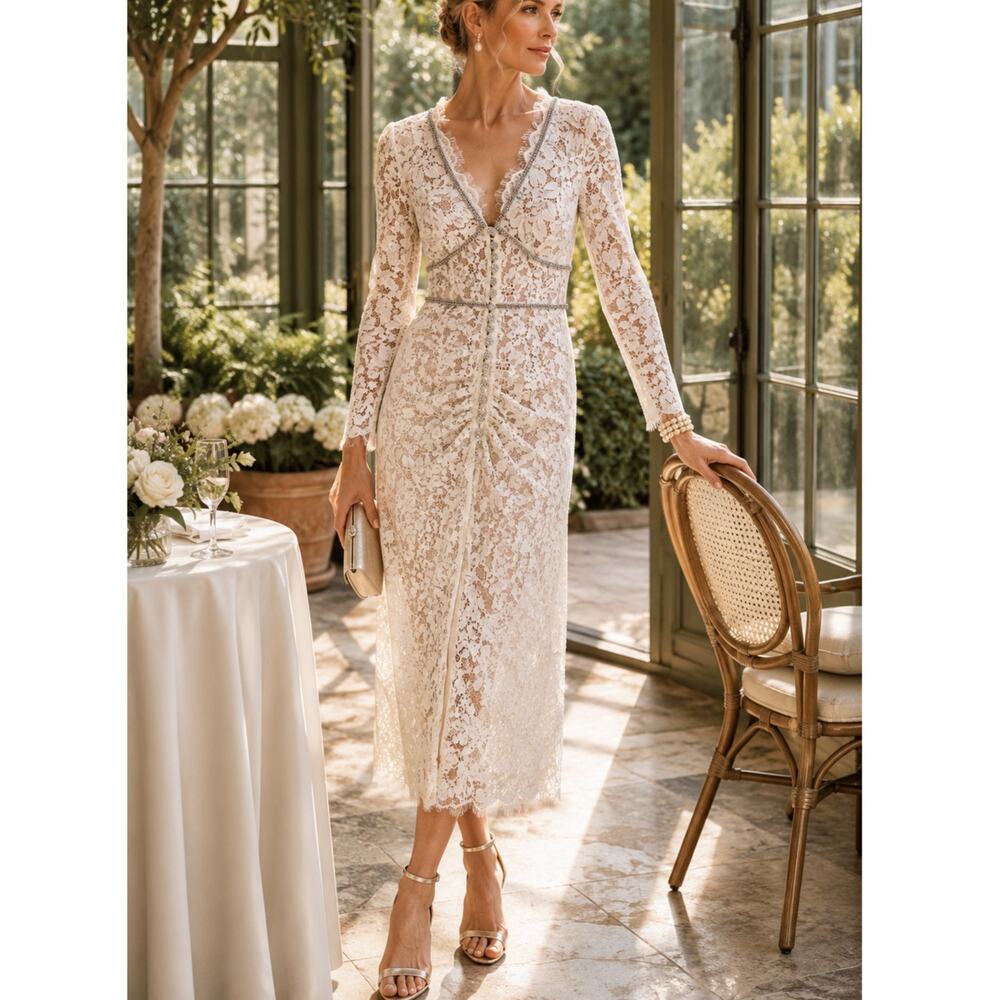 Self-Portrait Crystal Embellished Cord Lace Midi Dress Ivory Bridal US 8